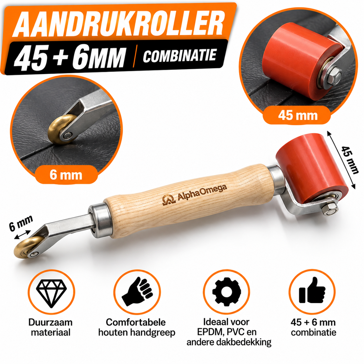 Alpha Omega Combi Aandrukroller 45 mm / 6 mm – EPDM Roller met Houten Handvat