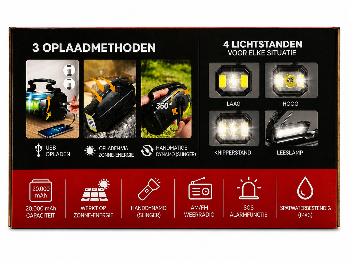 Alpha Omega Noodradio 20.000 mAh met Zonnepaneel, Handdynamo, Powerbank, Zaklamp en SOS Alarm