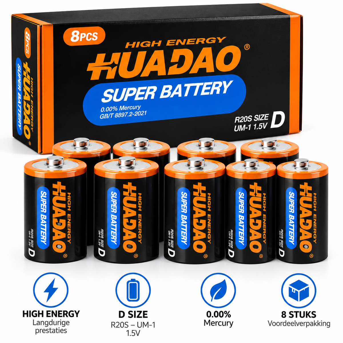 HUADAO D-batterijen R20S 1,5 V – 8 stuks – D-cell UM-1
