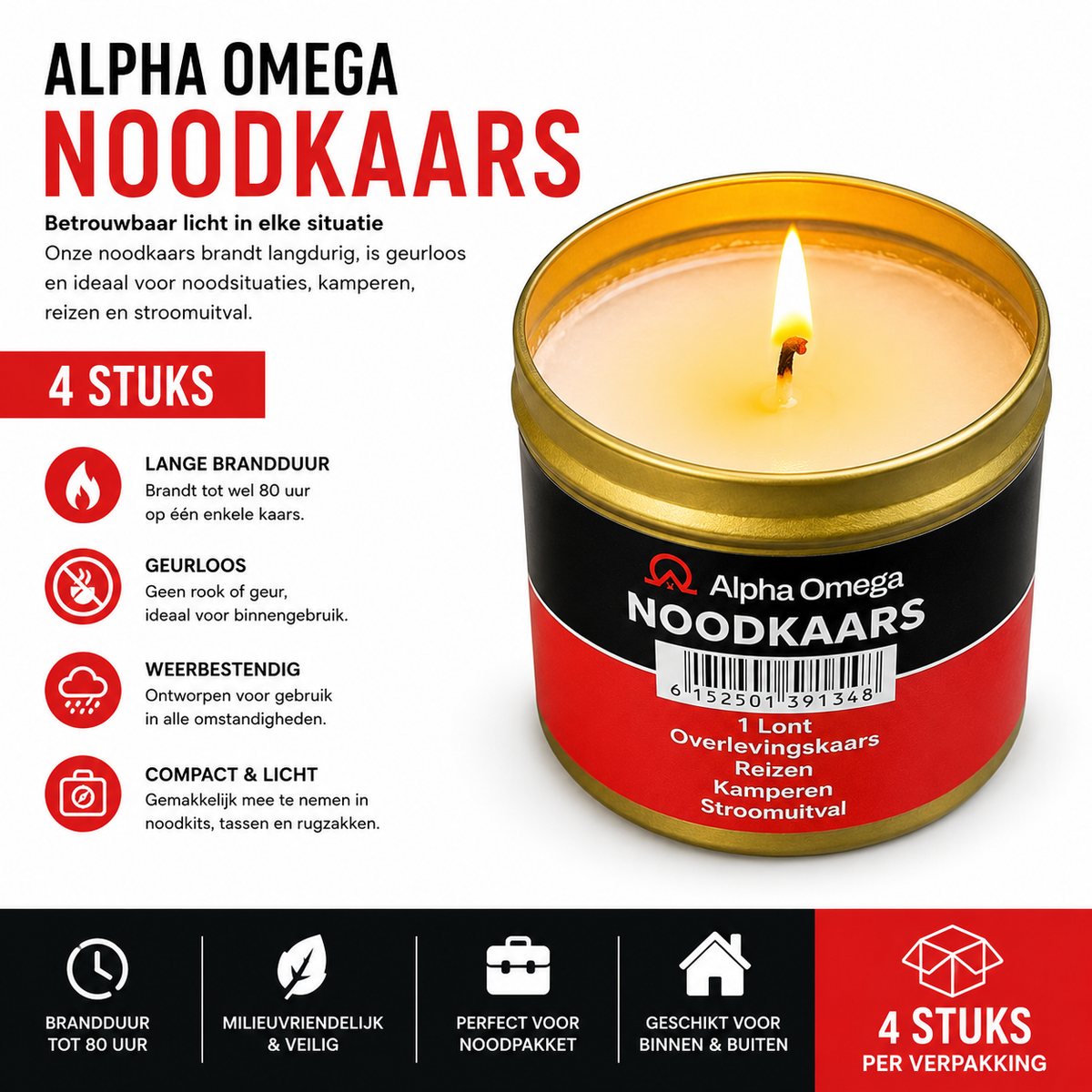 Alpha Omega Noodkaarsen 4 Stuks – 80 g per Stuk – Geurloze Overlevingskaarsen