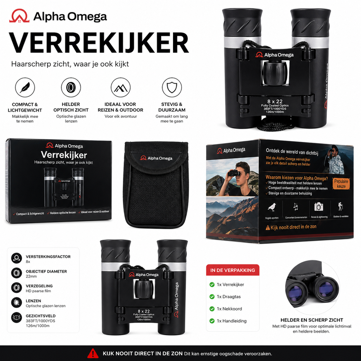 Alpha Omega Verrekijker 8x22 Compact - HD Optische Glazen Lenzen - Inclusief Draagtas & Nekkoord - Verrekijker voor Vogels Spotten, Reizen, Wandelen & Concerten