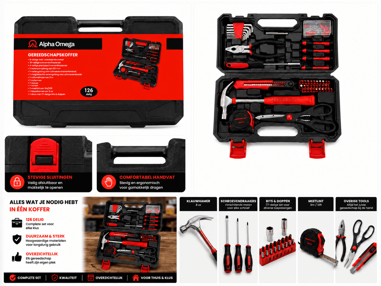 Alpha Omega Gereedschapskoffer 126 - Delig – Complete Toolset voor Klus, Onderhoud & Werkplaats - Dakdeals