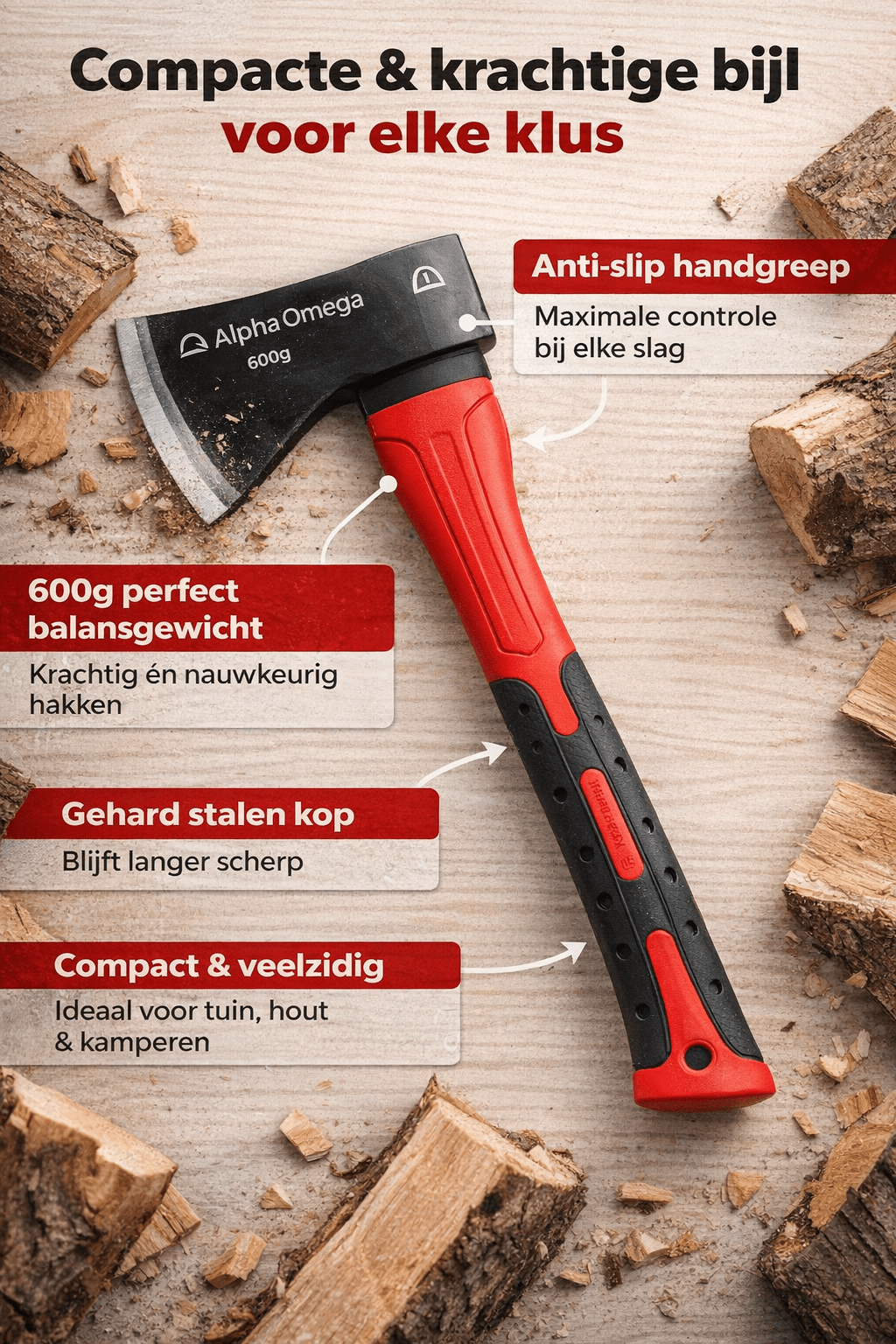 Alpha Omega Handbijl 600 Gram – Anti Slip Hakbijl voor Hout Hakken, Kamperen & Tuinwerk - Dakdeals