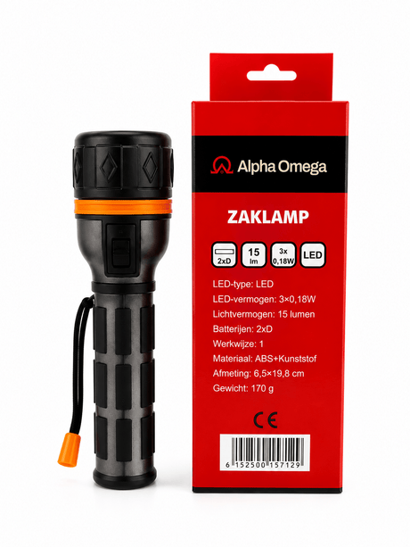 Alpha Omega LED Zaklamp 15 Lumen – Compacte Batterij Zaklamp voor Klus, Nood & Outdoor - Dakdeals