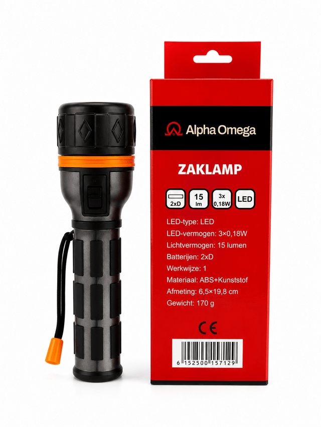 Alpha Omega LED Zaklamp 15 Lumen – Compacte Batterij Zaklamp voor Klus, Nood & Outdoor - Dakdeals