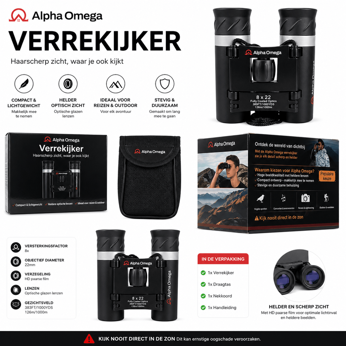 Alpha Omega Verrekijker 8x22 Compact - HD Optische Glazen Lenzen - Inclusief Draagtas & Nekkoord - Verrekijker voor Vogels Spotten, Reizen, Wandelen & Concerten - Dakdeals